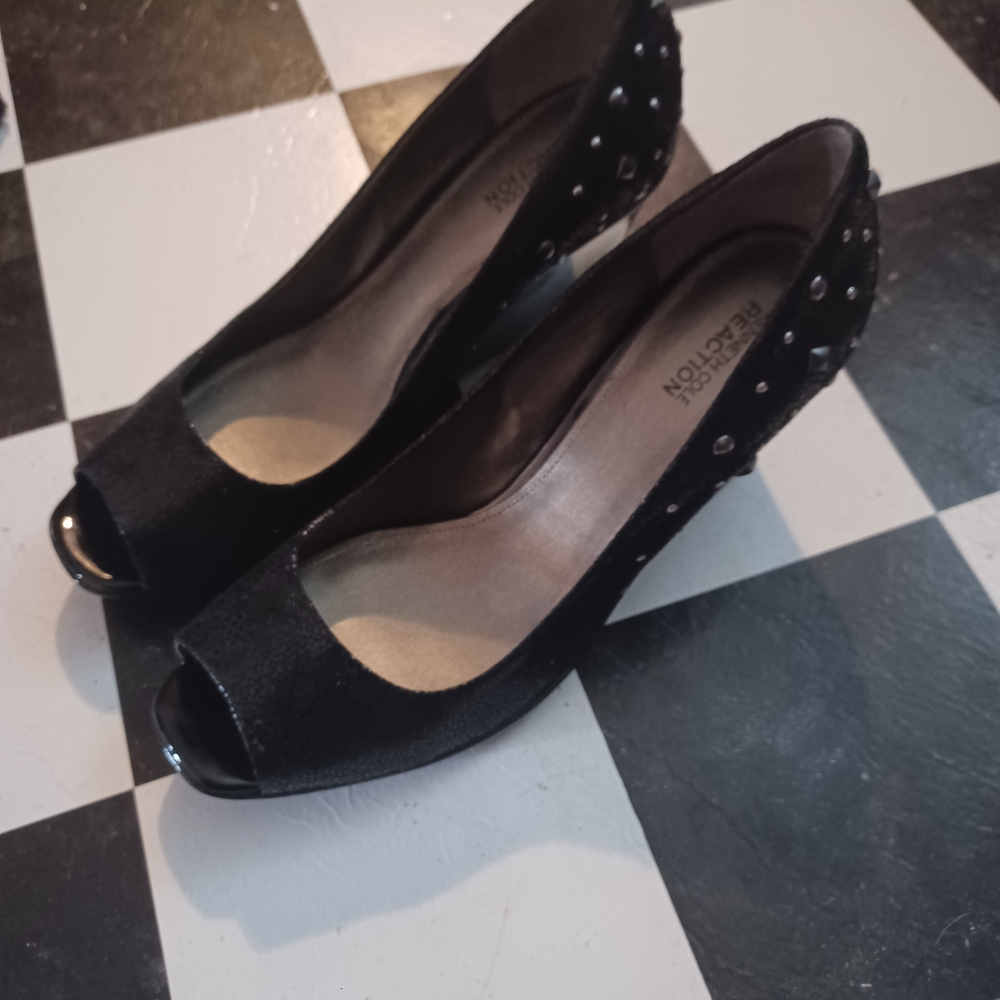 Kenneth Cole Reaction Black Peep-Toe Heels with Studded Detail
